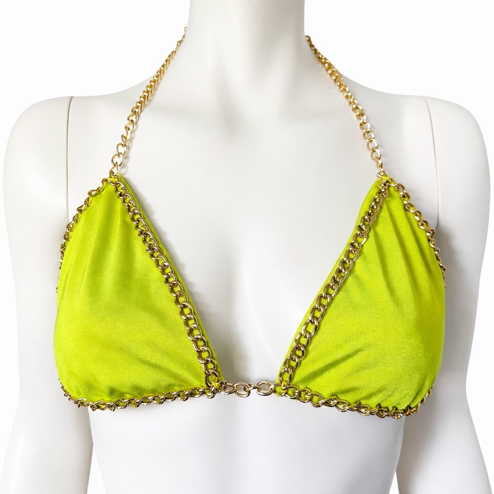 Pretty Little Thing Lime Green Chain Trim Bikini Top